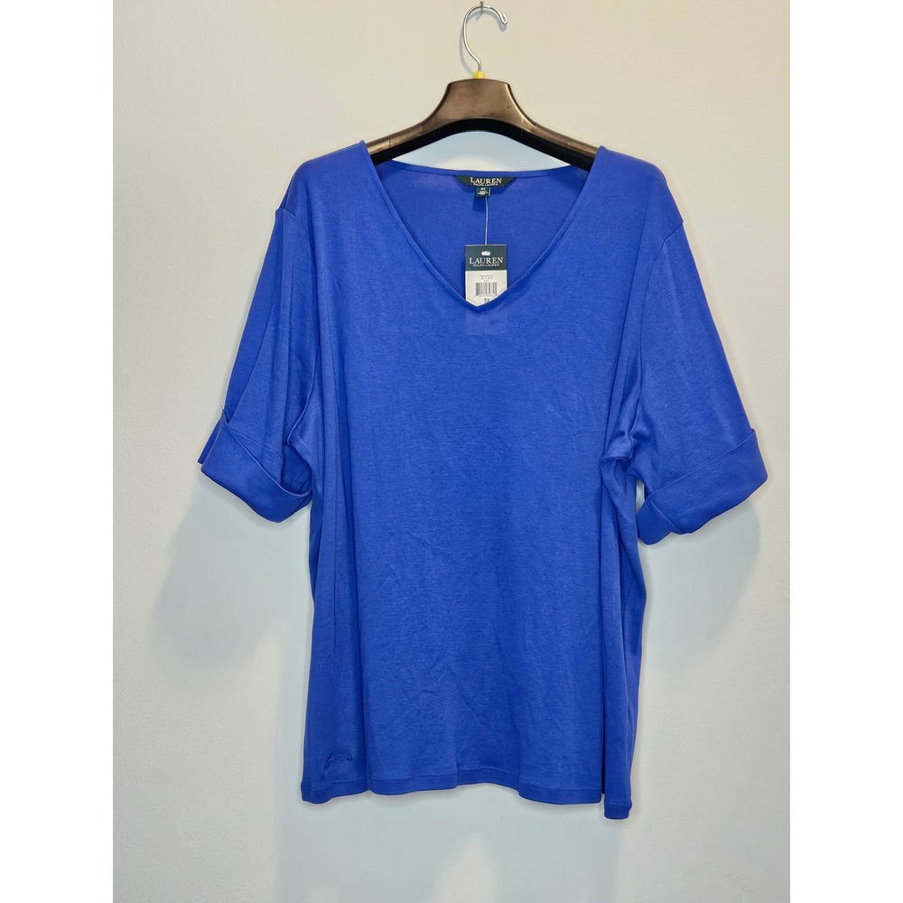 Lauren Ralph Lauren Blue V-Neck Cuffed Sleeve Cotton T-Shirt 3X NWT